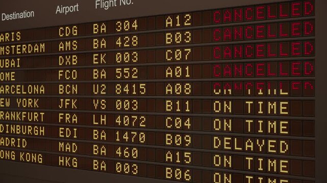 European airport departure board tracking mass flight cancellations as yellow LED text turns to red warnings in a slowly panning CG animation. Travel disruption, airline strike.