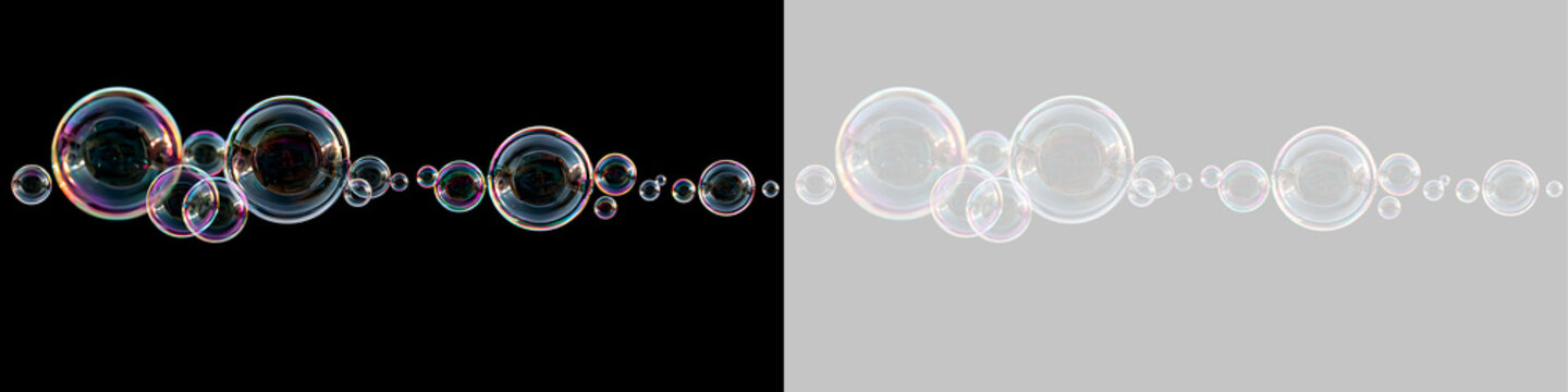 Floating soap bubbles with iridescent reflections. Transparent spheres on black and checkered background