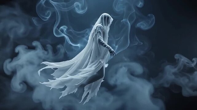 Ethereal ghost figure in flowing white shroud shrouded in mist motion.