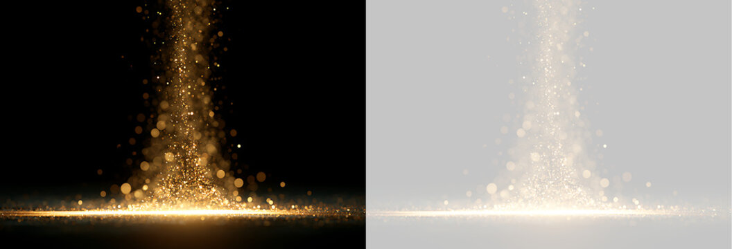 Golden glitter particles rising from a bright light source. Magical dust effect on black and transparent background
