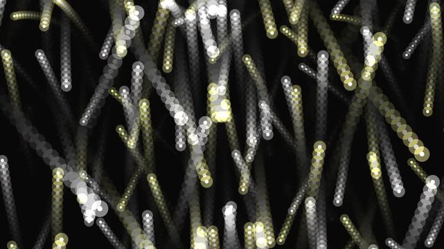 Glowing golden and silver particles falling in a rhythmic pattern across a dark deep space