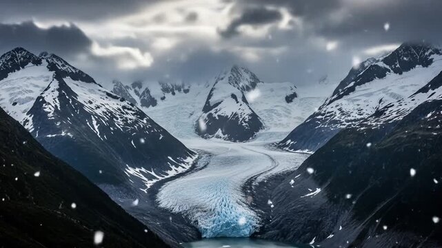 A glacier descends between mountains capped with snow under a cloudy sky