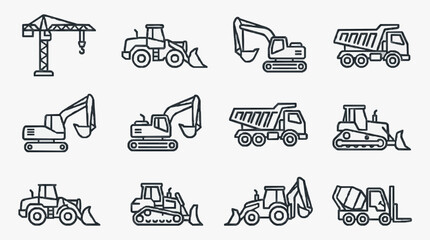 Minimalist Black and White Line Drawing Set of 12 Construction Equipment Icons Crane Bulldozer Excavator Dump Truck and More © Milano