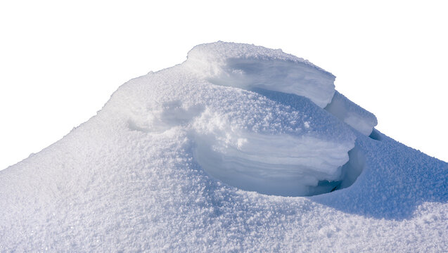 Isolated fluffy, pristine winter snowdrift mound with sparkling texture and subtle blue shadows