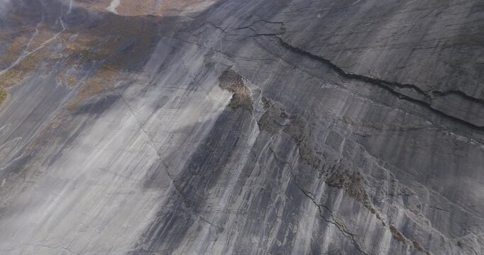 Annapurna Circuit Manang, Nepal, aerial drone view of the unique plain stone slab structure of the Sworgadwari wall along the Annapurna Circuit trekking trail.
