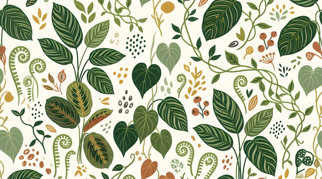 Seamless botanical pattern with tropical leaves and ferns on cream background