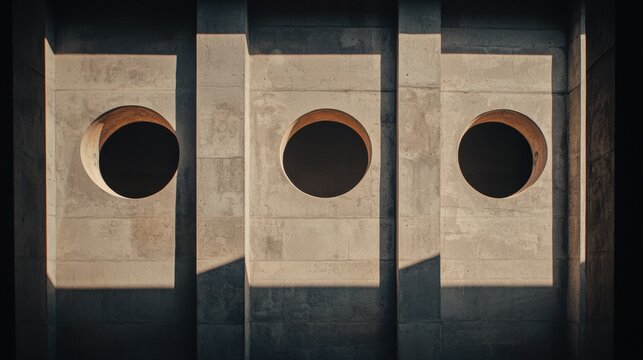 A concrete wall with three circular openings.
