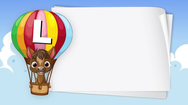 Cartoon Horse in Hot Air Balloon with Blank White Paper Background
