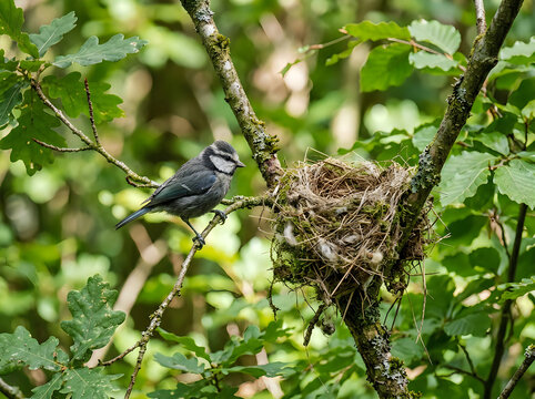 Small gray bird perched on thin branches with green leaves