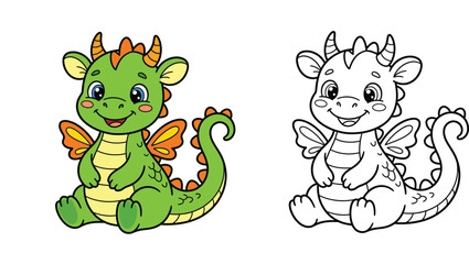 Fototapeta premium Cute Baby Dragon Coloring Page for Kids, Vector Illustration of a Friendly Green Dragon Character for Children's Educational Activities or Art Projects.