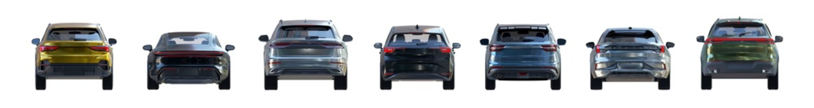 Back view of unbranded modern cars in daylight with city reflections isolated png on a transparent background premium cutout (rear car cutouts, automotive assets for architecture)