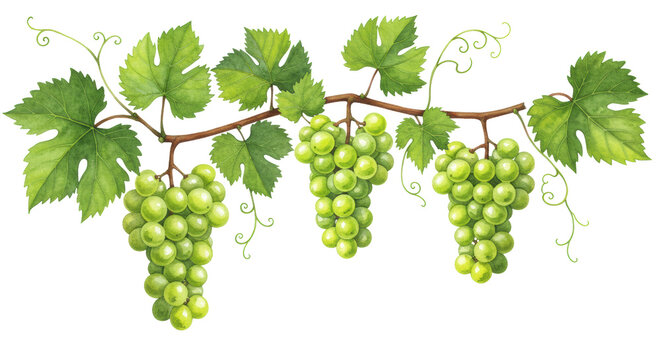 Lush green grapevines, vibrant emerald leaves, coiling tendrils, plump ripe green Muscat grapes, on a transparent background with copy space. Concept of botanical beauty