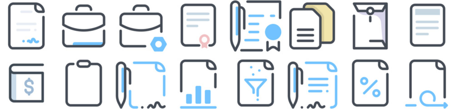 Document Flow Icon Pack including document, paper, file, contract, business, report, sheet, blank, documents, files, filetype, format, agreement, page, conclusion. Vector icon pack.