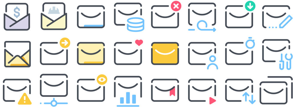 Envelopes Icons &mdash; message, email, mail, envelope, post, inbox, letter, e-mail, mailing, communication, outbox, new, messaging, postal, mailbox. Vector icon pack.