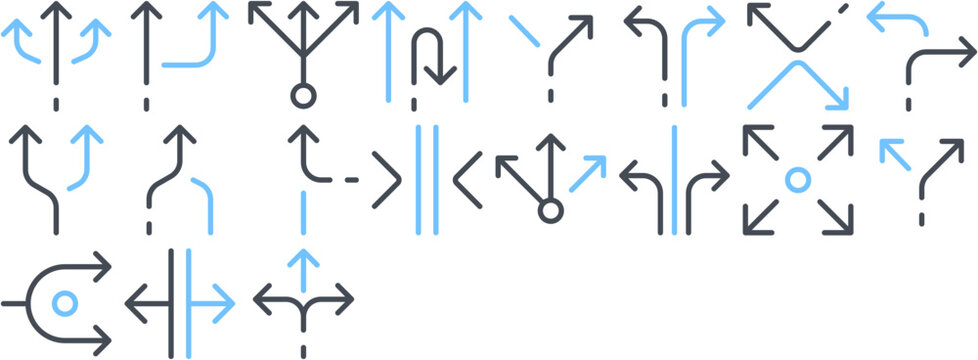 Split & Merge Arrows Icon Pack &mdash; arrows, direction, arrow, split, way, road, lines, roads, right, up, divide, separate, navigation, vectors, fork. Set of vector icons.
