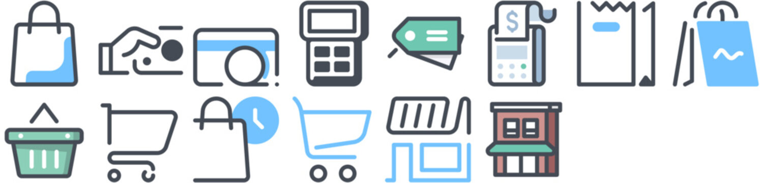 Shopping featuring payment, purchase, bag, store, retail, shop, cash, cart, money, finance, card, supermarket, buy, ecommerce. Vector icon pack.
