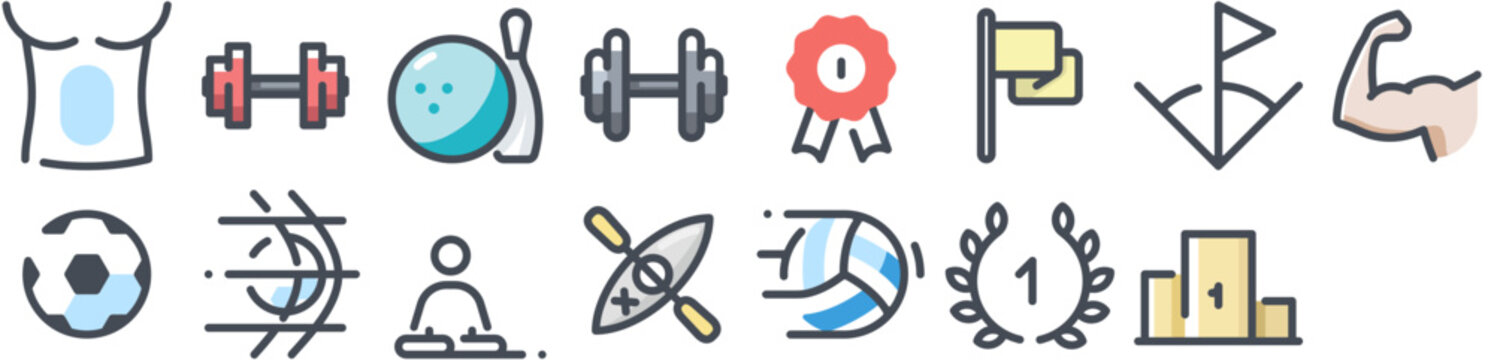 Sports Icon Pack including sport, body, football, activity, muscle, ball, first place, human, equipment, competition, arm. Set of vector icons.