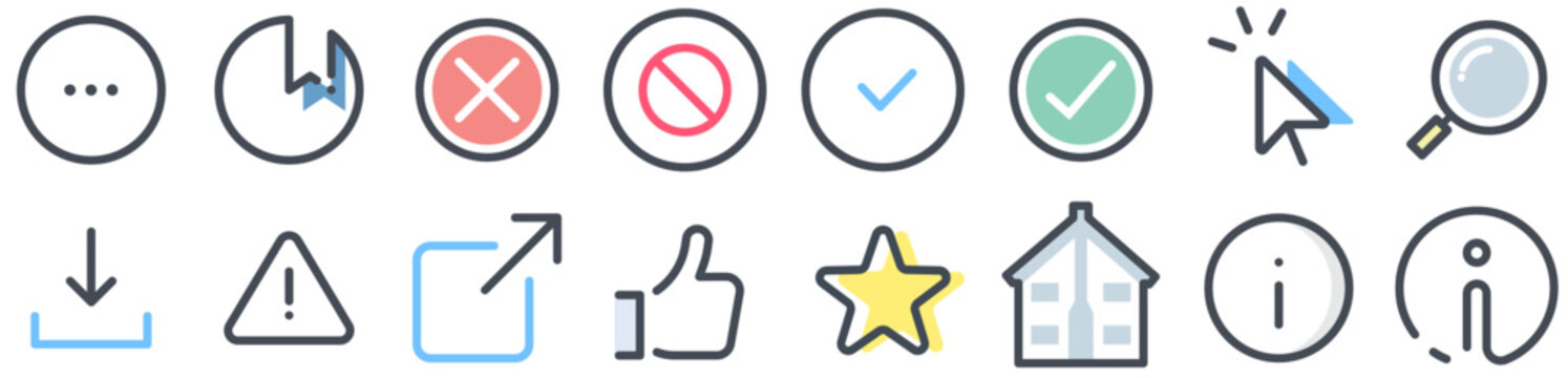 Basic Interface Elements Icon Set: symbol, button, sign, star, arrow, checkmark, tick, info, error. Vector icon collection.