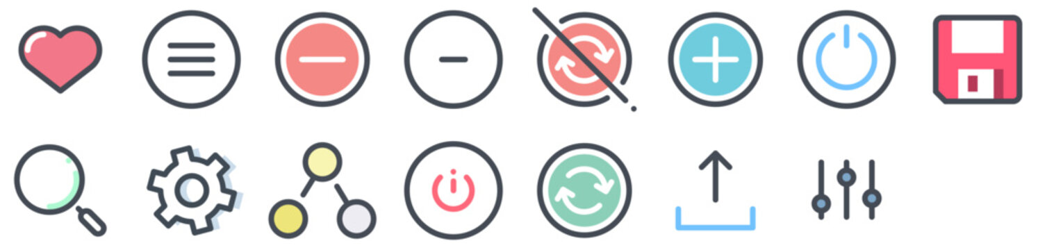 Basic Interface Elements Icon Set featuring settings, search, symbol, button, sign, save, heart, power, off. Set of vector icons.