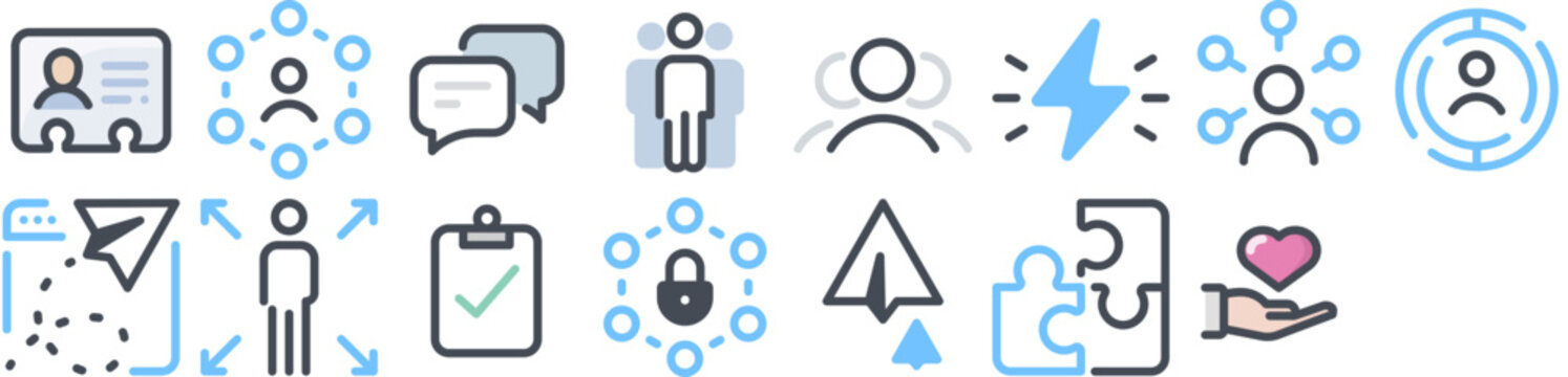 Business Communication Icon Set featuring business, marketing, paper plane, communication, contact, group, network, sales, team, people, puzzle, leader, messaging, messages. Vector icon pack.