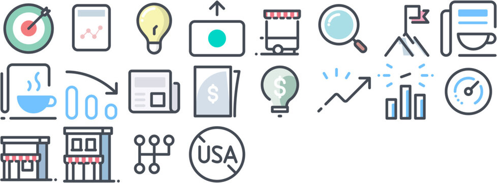 Business Icon Pack &mdash; newspaper, news, money, idea, finance, dollar, report, coffee, morning, chart, graph. Set of vector icons.
