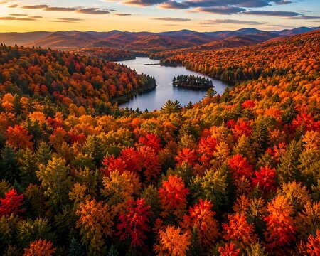 Aerial view of a vibrant autumn forest surrounding a serene lake with a small island, bathed in the warm glow of sunset.