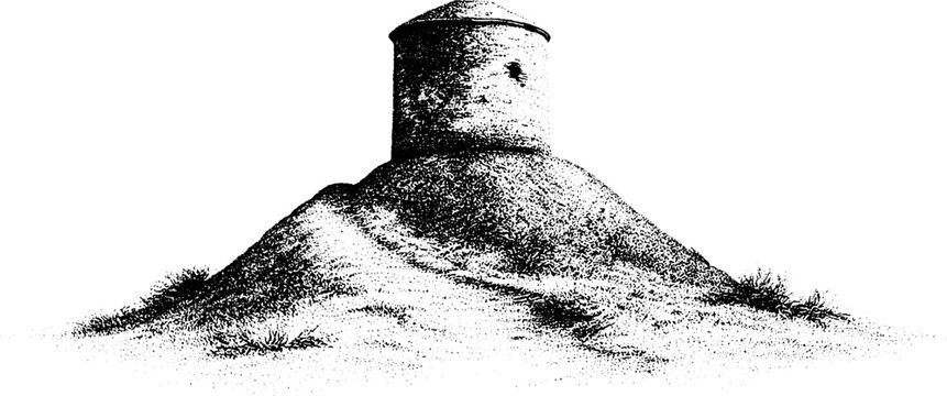 Motte and bailey castle keep on earthen mound black and white stippled historical drawing for heritage background and educational poster design