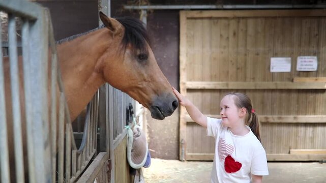 Young girl gently petting a bay horse in a stable, touching its muzzle during a calm equestrian activity