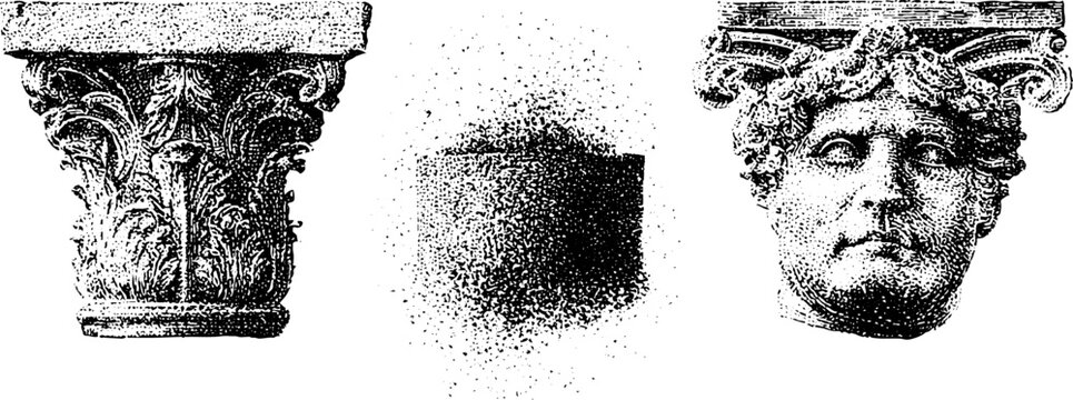 Classical architectural keystone carved head and capital elements in stippled black and white for heritage design backgrounds