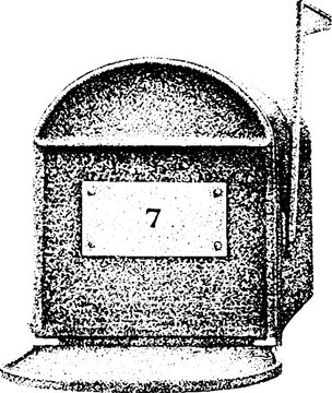 Front view vintage metal mailbox with numbered brass plate and side flag in black and white stippling for signage and background design