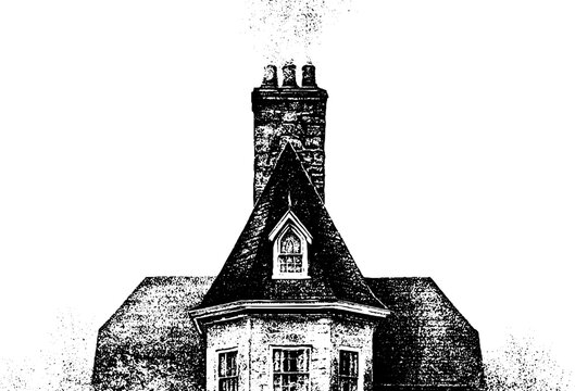Stippled black and white manor roof with tall chimney pots and dormer window for vintage architectural background and design