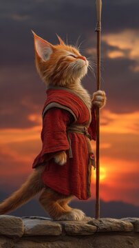 Orange kitten warrior in red chinese martial arts robe holding a staff against a sunset sky