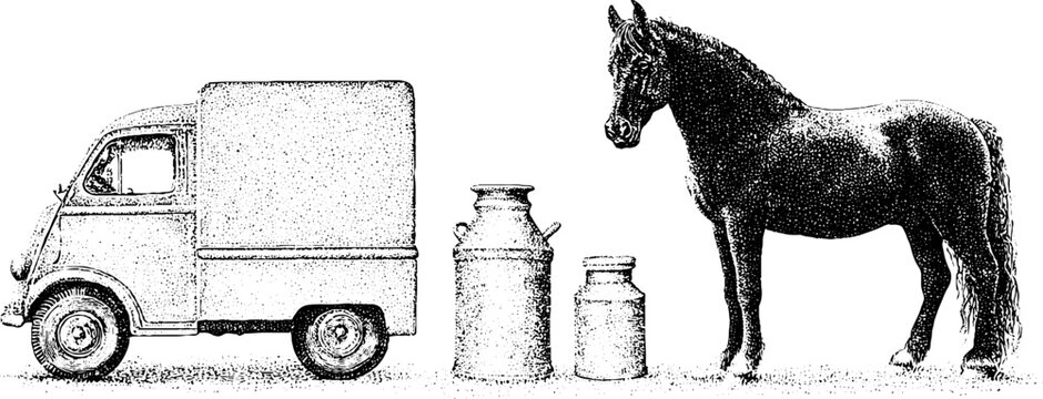 Vintage stipple milk float with churns and standing horse for rural background and agricultural poster design in black and white