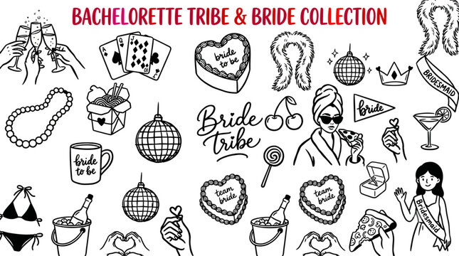 Bachelorette party icons and bridal tribe collection. Hand-drawn wedding accessories and celebration symbols for invitations and decor.