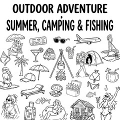 Obraz premium Summer camping and fishing illustration bundle with 200 outdoor adventure icons. Hand-drawn vector set for travel, tourism, and leisure activities.