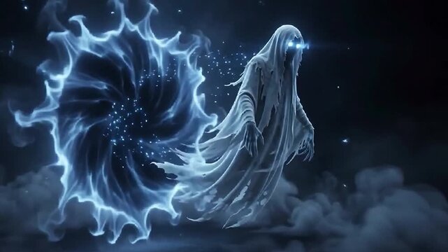 Mysterious ghost animation with blue light effect appearing from dark smoke on black background.