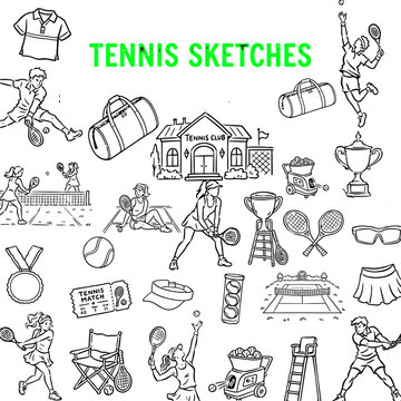 50 hand-drawn tennis illustrations for sports design projects. Vector sketches of players, equipment, and trophies in black and white line art.