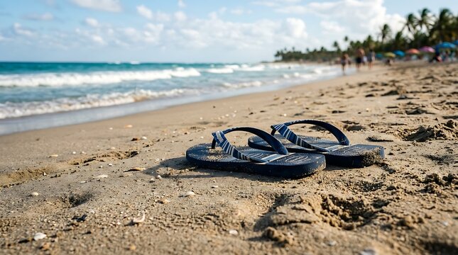 Flip flops resting on sandy beach with ocean waves in background