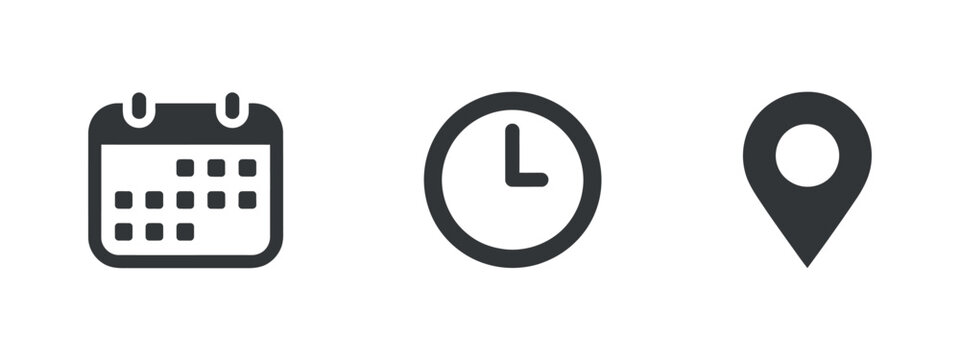Calendar clock and location marker icons flat two tone pictograms on transparent surface pictogram