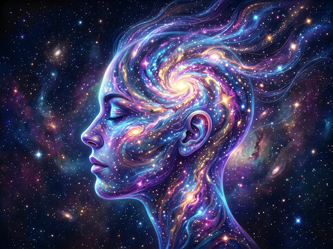 Colorful digital human profile with glowing brain and city lights
