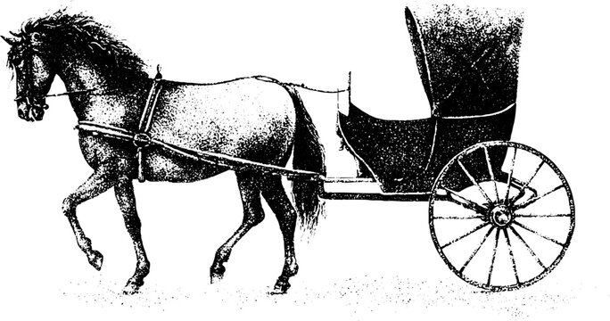 Horse drawn phaeton carriage with open body and high seat black and white stipple illustration for historical background or design