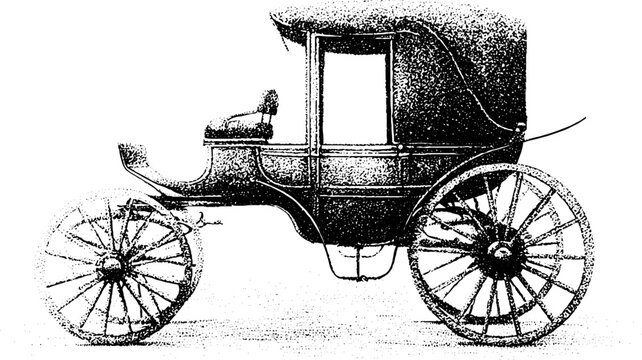 Antique phaeton carriage in black and white stippling for vintage poster and historical background design