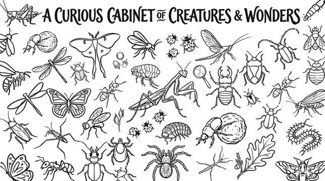 Vintage entomology insect collection illustration. Hand-drawn scientific bug sketches for educational design projects.