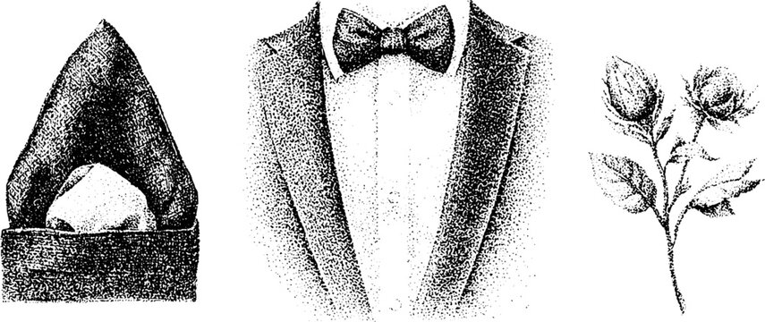 Pocket square, tuxedo lapel and boutonniere black and white stipple engraving set for formal fashion reference and design