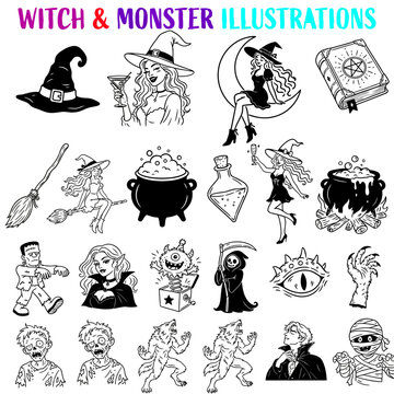 Halloween witch and monster illustrations set. Spooky cartoon characters for kids party invitations and decorations.