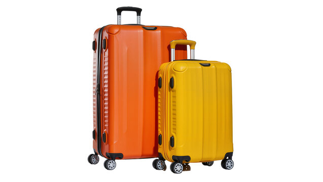 Isolated pair of vibrant orange and yellow hardshell travel suitcases with spinner wheels for journey