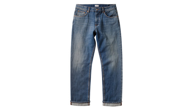 Isolated modern blue denim jeans with a slightly faded wash and stylish rolled cuffs