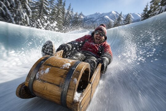 A wooden toboggan speeds down an icy chute, spraying snow into the air.