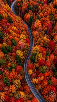 An aerial view of a winding road cutting through a vibrant forest ablaze with autumn colors.