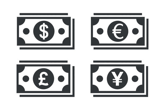 Currency Banknotes Silhouette Collection In Black Featuring Dollar Euro Pound And Yen Symbols